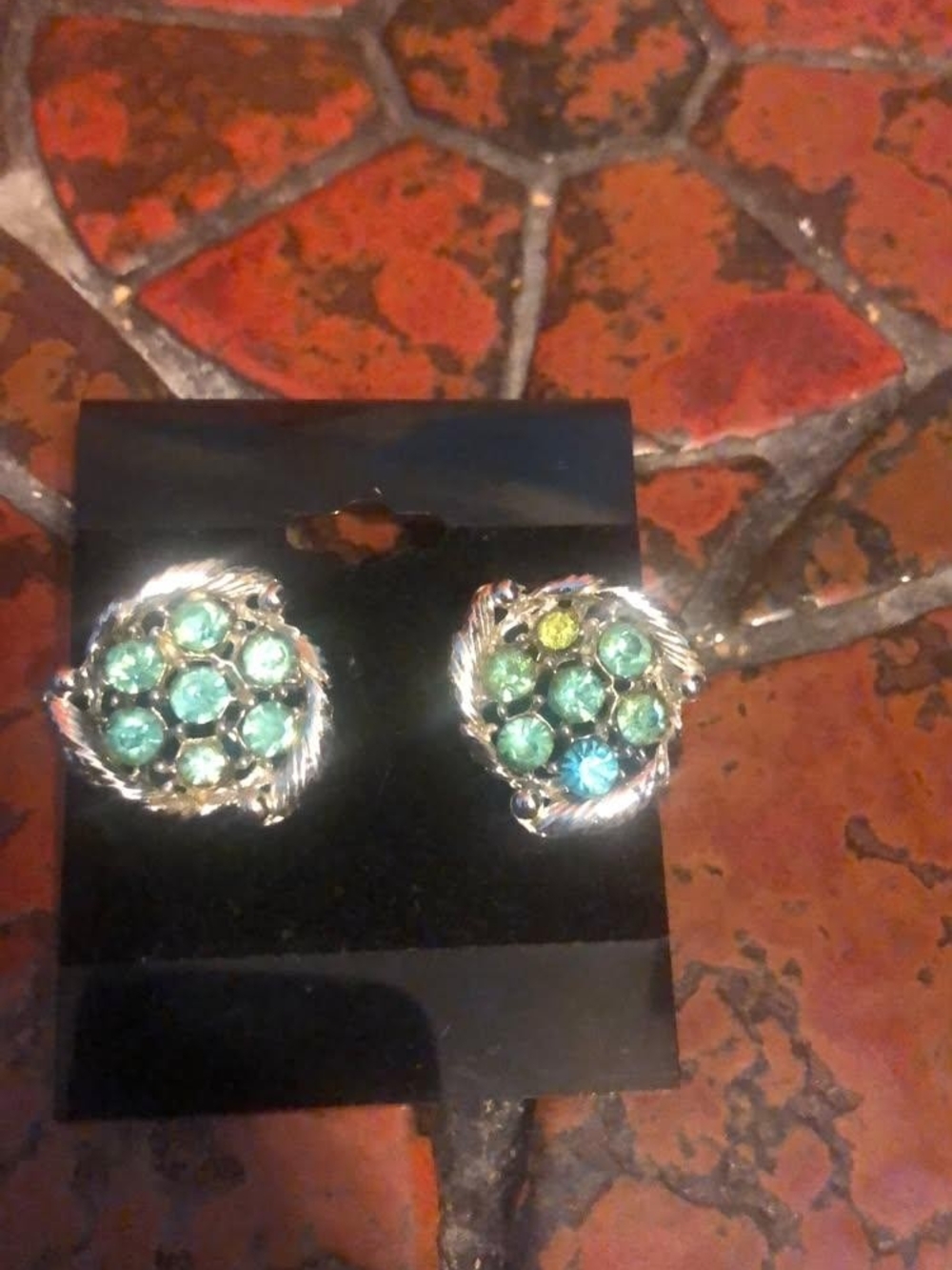 Silver-Tone Green Crystal Cluster Clip Earrings